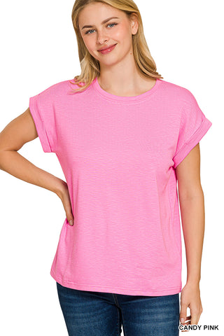Candy Pink cotton modal slub rolled sleeve women’s boutique tee with relaxed fit and soft stretch fabric.