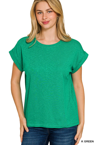 Kelly Green Everyday Essential Cotton Modal Slub Rolled Sleeve Tee by Zenana
