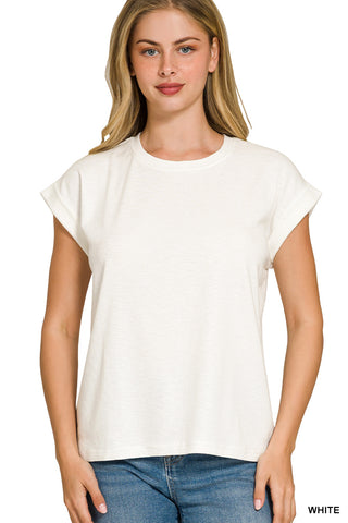 White Everyday Essential Cotton Modal Slub Rolled Sleeve Tee by Zenana