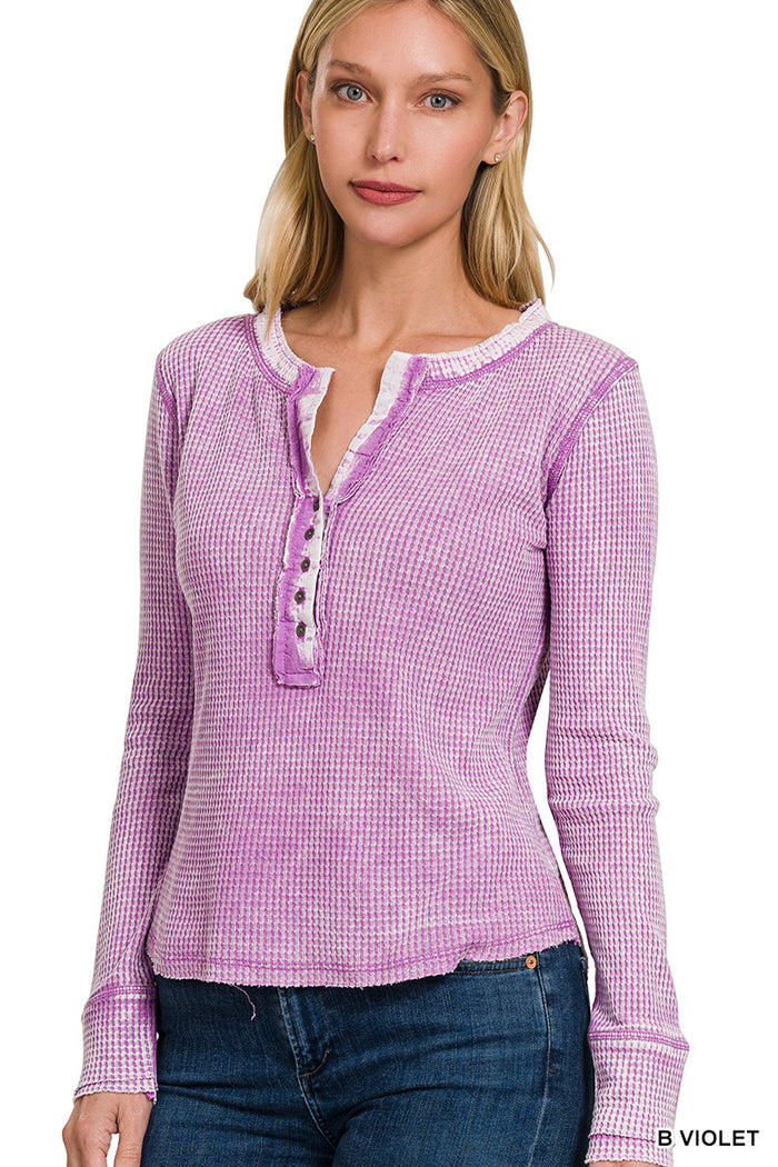 3222- Violet Henley Waffle Long Sleeve Top w/ Buttons