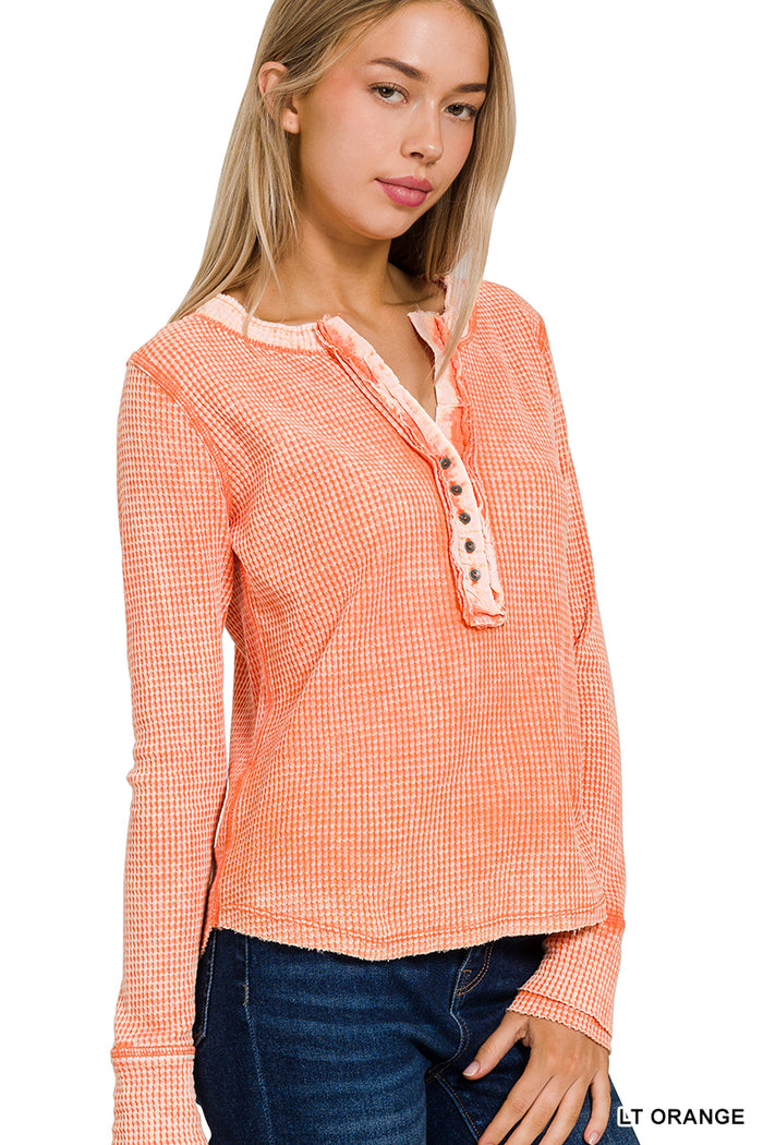 3223- Light Orange Henley Waffle Long Sleeve Top w/ Buttons *TN COLLECTION*