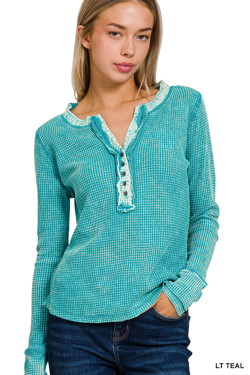 3224- Light Teal Henley Waffle Long Sleeve Top w/ Buttons