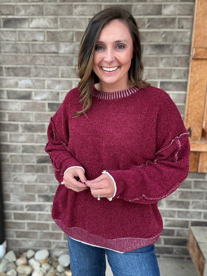 Cabernet Exposed Seam Round Neck Sweater by Zenana