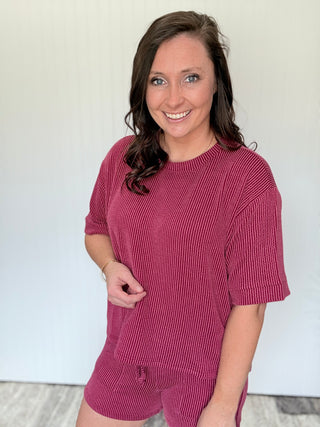 Cabernet Raised Rib Tee & Shorts Set by Zenana