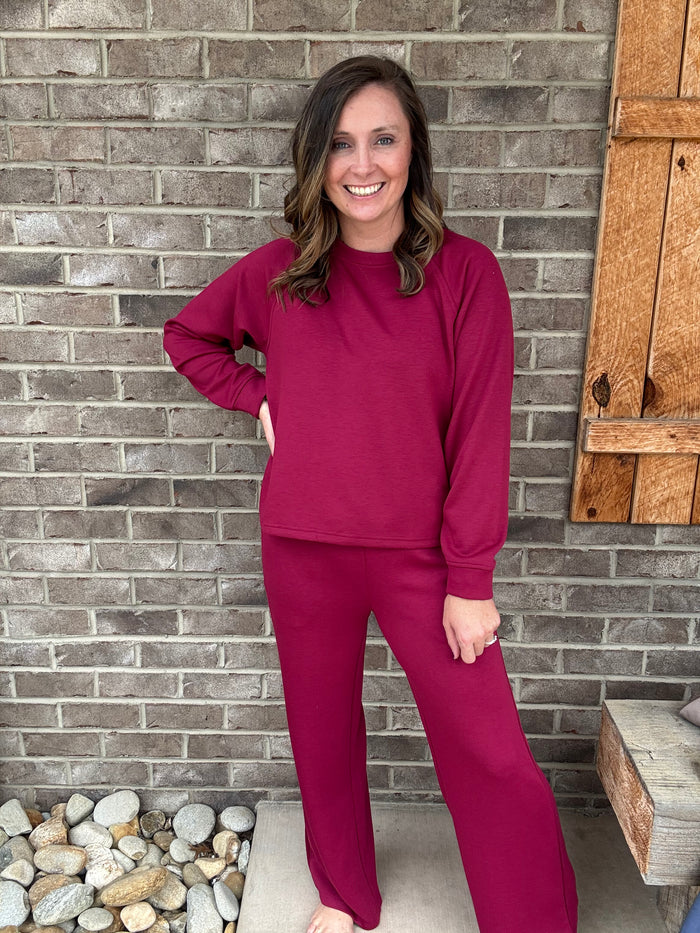 Cabernet Scuba Crewneck Pullover & Pants Set by Zenana