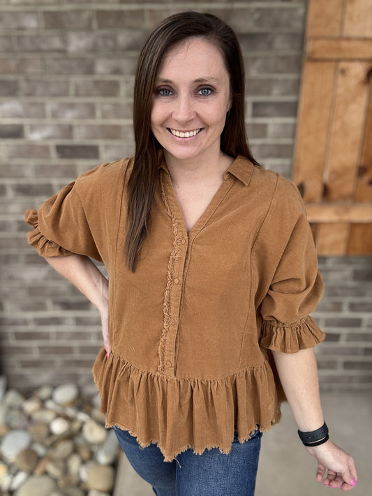 8402- Camel Corduroy Collar Top