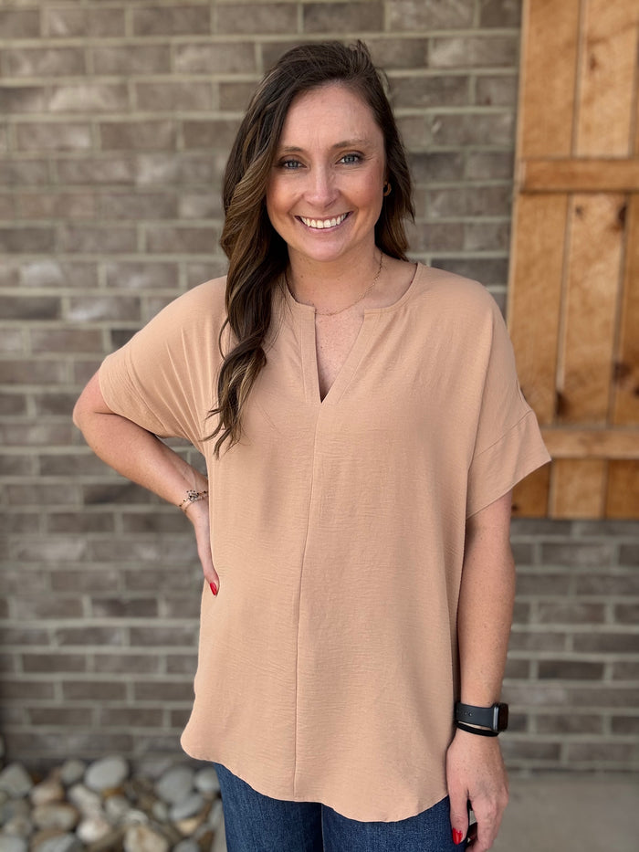 Camel Woven Airflow Spilt Short Sleeve Top
