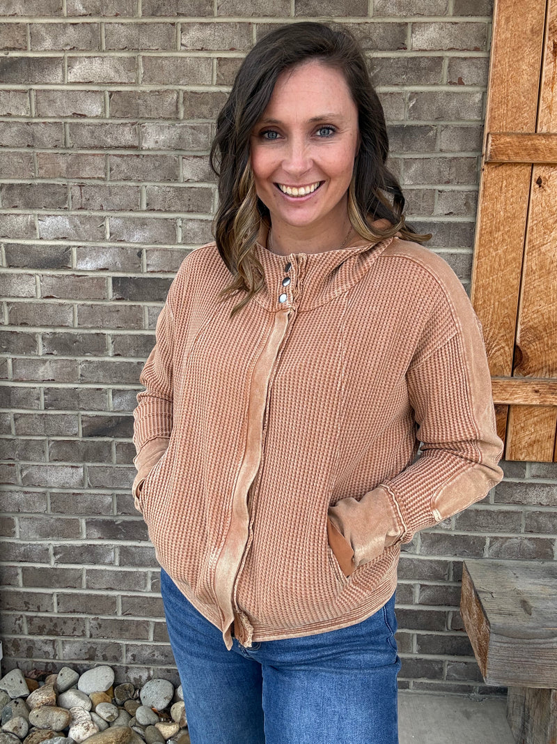 Camel Washed Thermal Knit Hooded Jacket by Easel