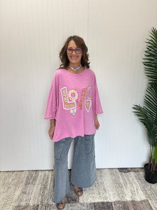Candy Pink LOVE Patch Washed Cotton Slub Top by Easel