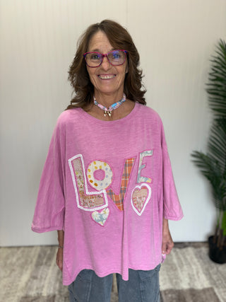 Candy Pink LOVE Patch Washed Cotton Slub Top by Easel