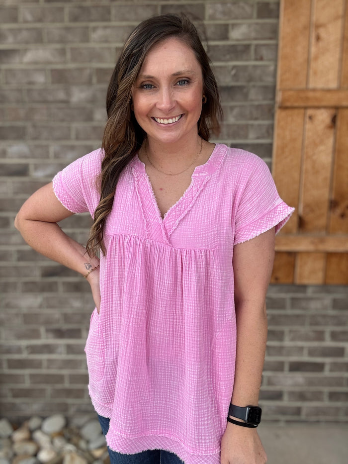 Candy Pink Washed Gauze Raw Edge Short Sleeve Top