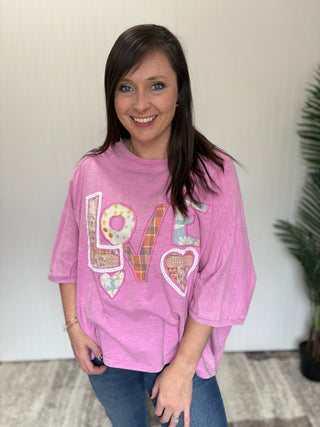 Candy Pink LOVE Patch Washed Cotton Slub Top by Easel
