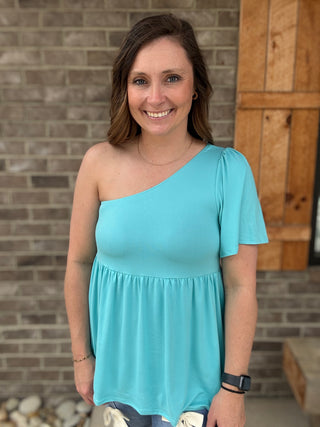 Capri Blue One Shoulder Short Sleeve Baby Doll Top