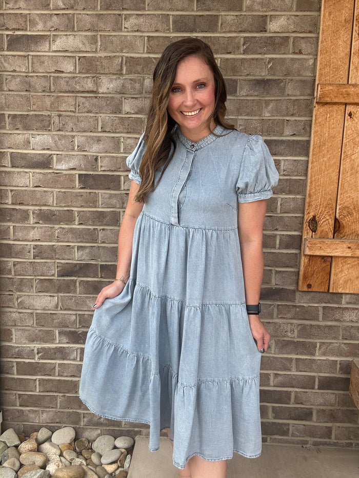 Chambray Charm Tiered Midi Dress by Sage + Fig