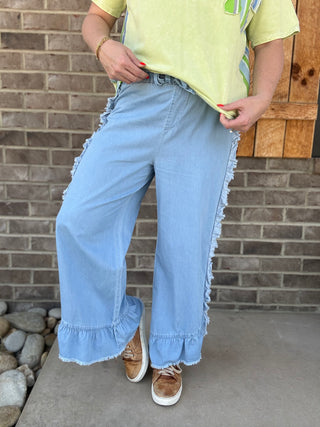 Chambray Ruffle Pants by Simply Southern
