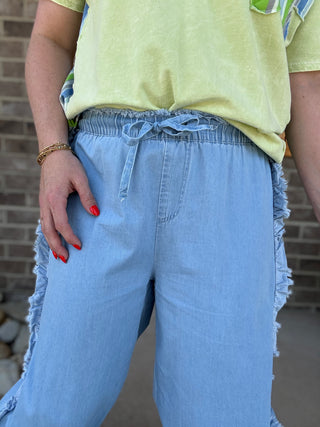 Chambray Ruffle Pants by Simply Southern