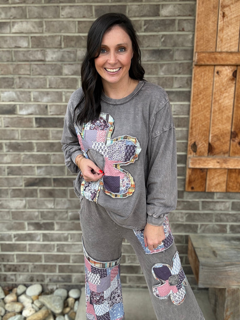 Charcoal Mineral Washed Boho Daisy Patch Pants by J. Her