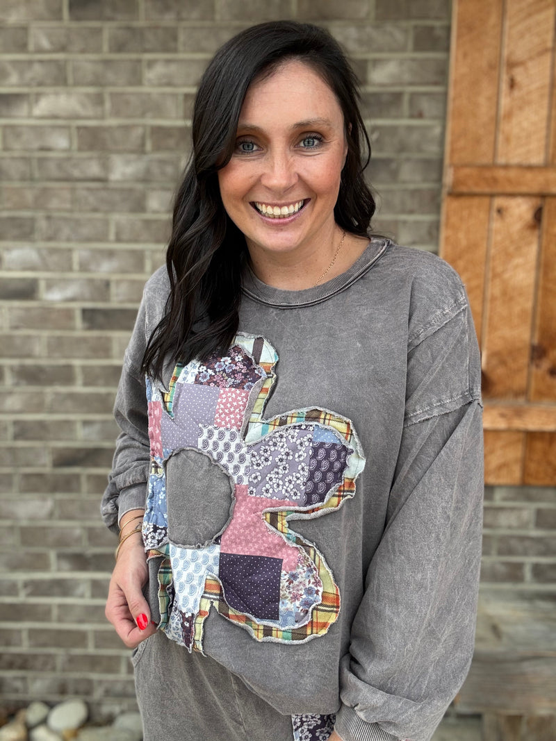 Charcoal Daisy Patch Long Sleeve French Terry Pullover by J. Her