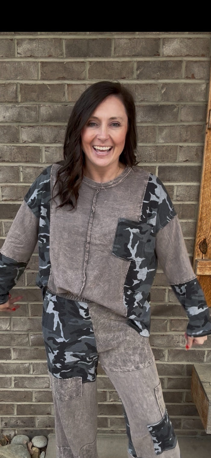 Charcoal Mineral Wash Camouflage Patched Long Sleeve Top by J. Her