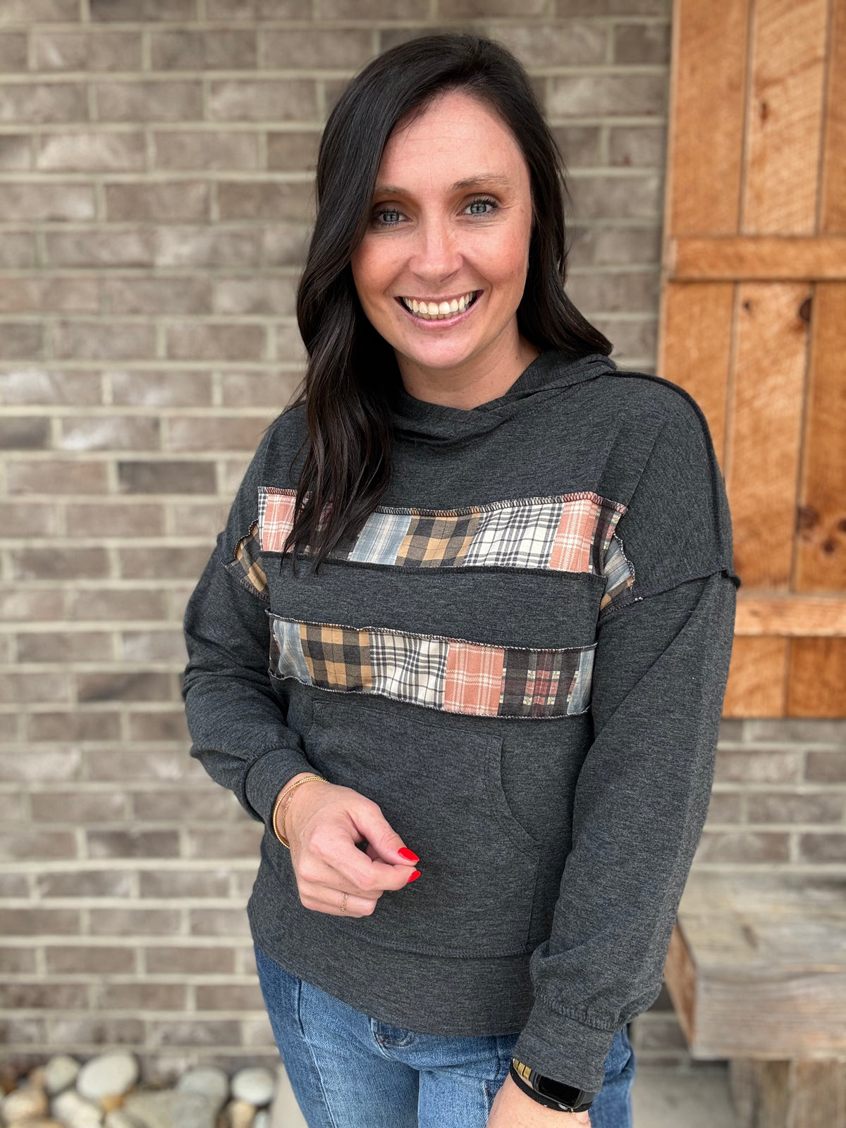 Charcoal Plaid Color Block French Terry Hoodie Pullover