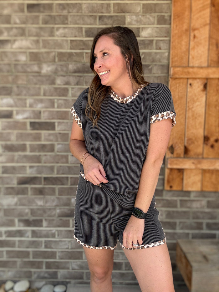 Charcoal Ribbed Set w/ Leopard Print Trim