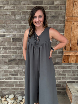Charcoal Wide Leg Bow Tie Jumpsuit by Haptics