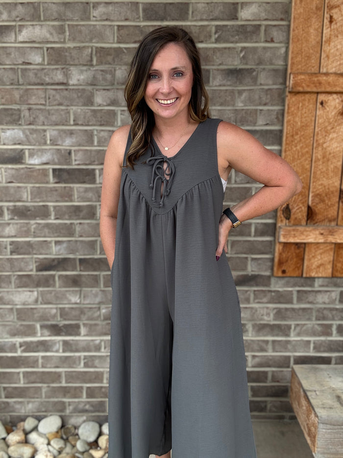 Charcoal Wide Leg Bow Tie Jumpsuit by Haptics