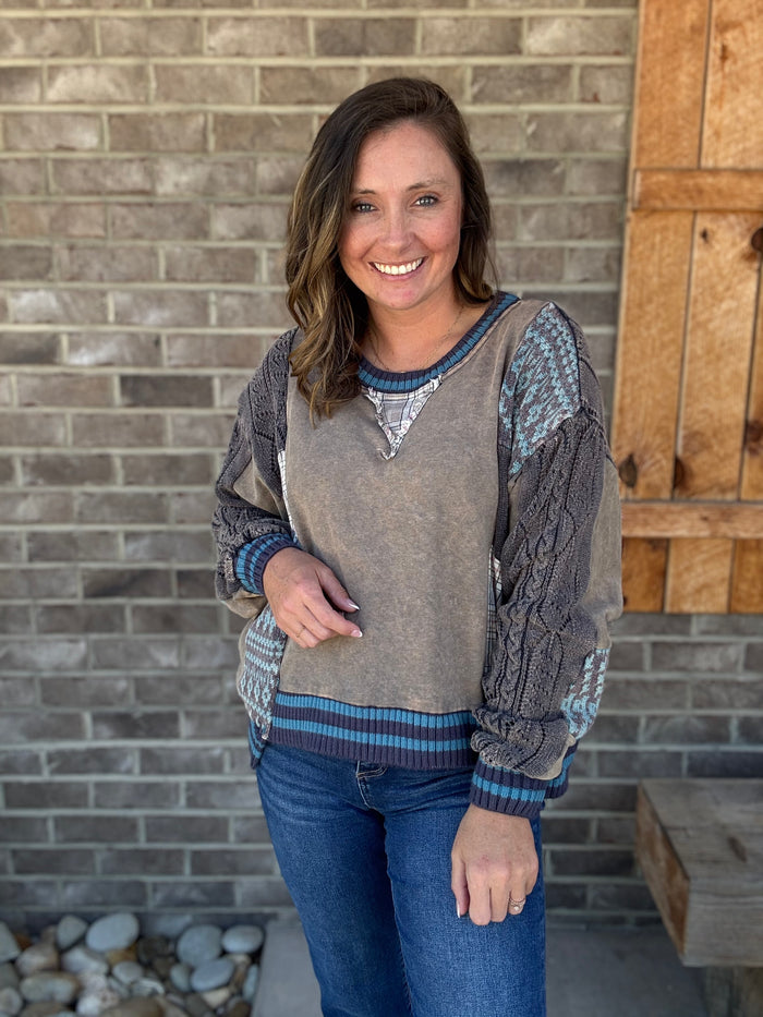 Charcoal Mixed Knit Sleeve Mineral Wash Pullover by Oli & Hali