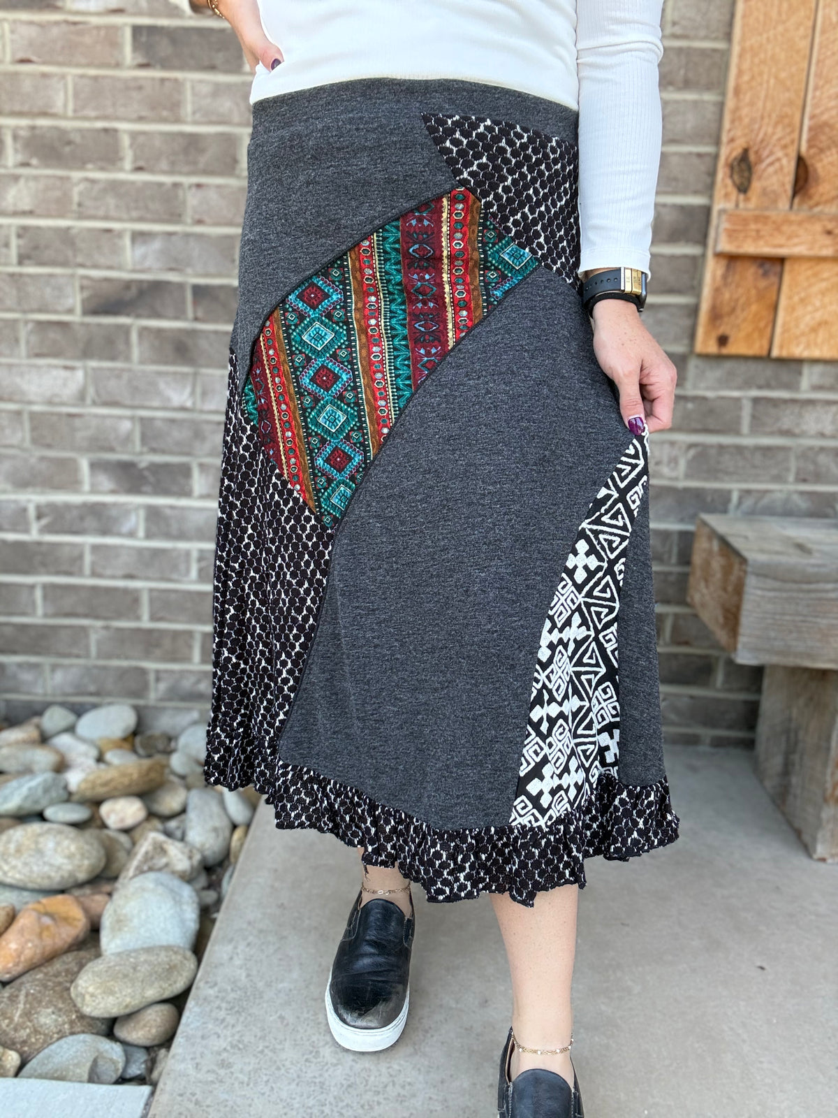 Charcoal Patchwork Skirt w/ Ruffle Base