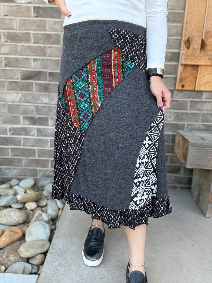 Charcoal Patchwork Skirt w/ Ruffle Base