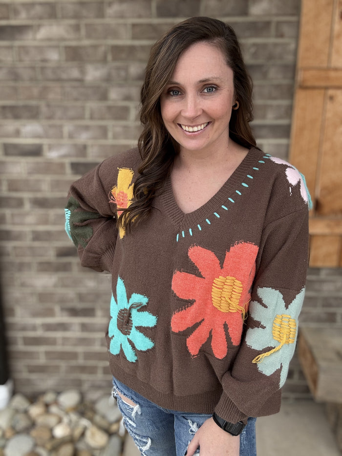 3019- Chocolate Colorful Daisy Long Sleeve Balloon Sweater