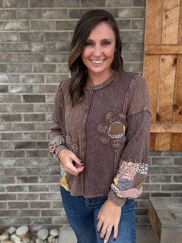 Chocolate Mineral Washed Daisy Patchwork Sweater by J. Her