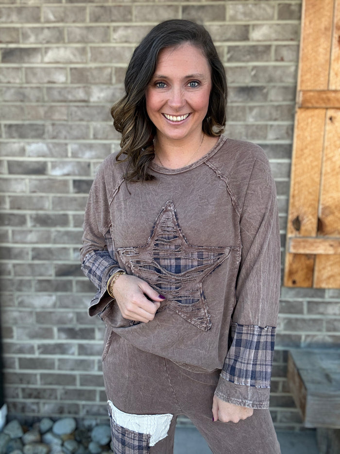 Chocolate Mineral Washed Distressed Star Patch Plaid Top by J. Her