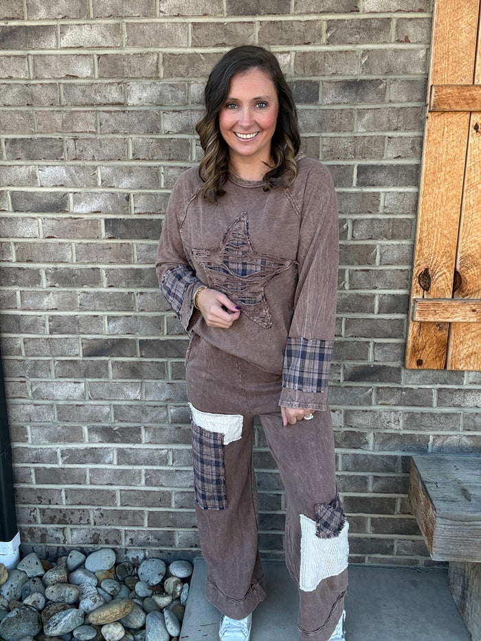 Chocolate Mineral Washed Distressed Star Patch Plaid Top by J. Her