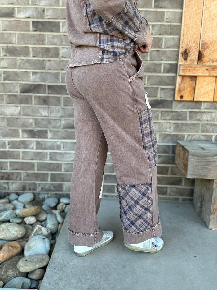 Chocolate Mineral Washed Plaid Patchwork Boho Pants by J. Her