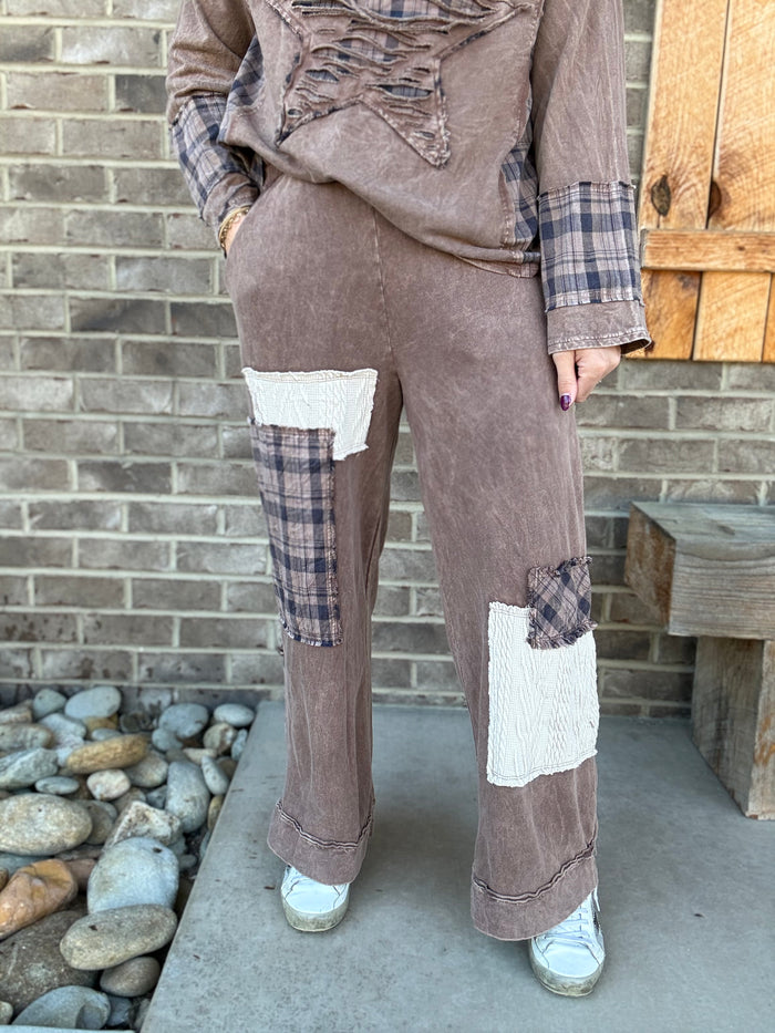 Chocolate Mineral Washed Plaid Patchwork Boho Pants by J. Her