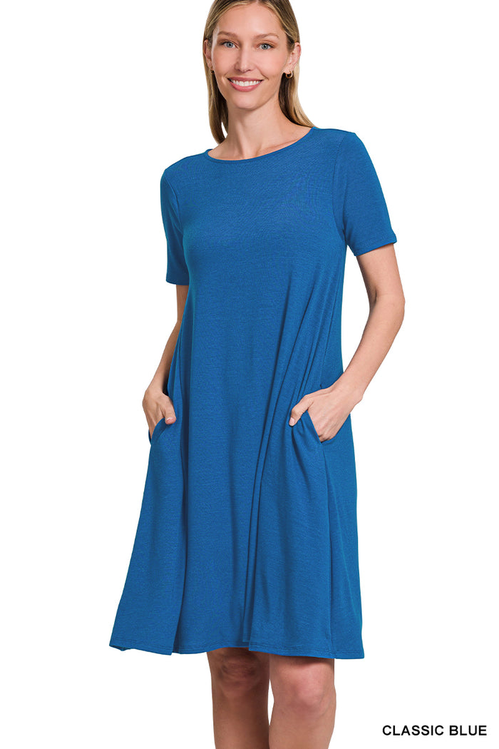 Classic Blue Short Sleeve T-Shirt Dress w/ Pockets