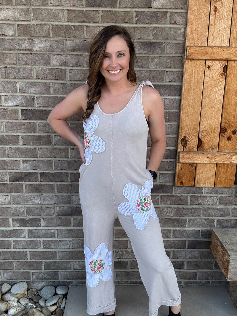 Clay Mineral Washed Flower Patched Bow Adjustable Jumpsuit by J. Her