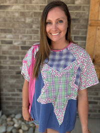Cobalt Blue and Hot Pink Multi Contrast Blocked Shorts Crew Neck Top by Blue Velvet