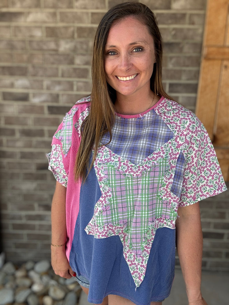 Cobalt Blue and Hot Pink Multi Contrast Blocked Shorts Crew Neck Top by Blue Velvet
