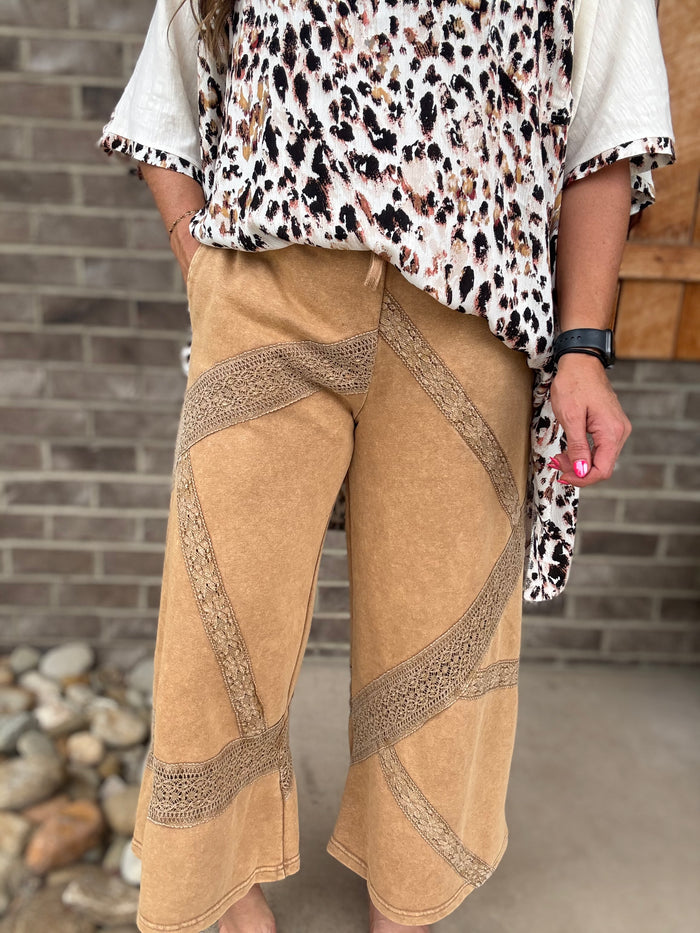 Coffee Washed Lace Trim Terry Wide Leg Pants by Oli & Hali