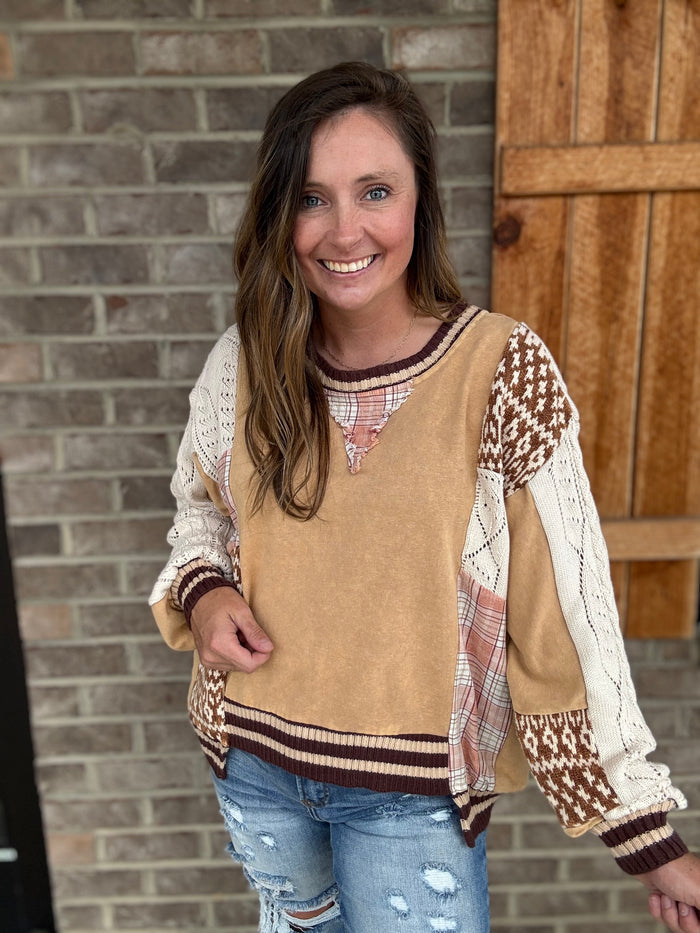 Coffee Mixed Knit Sleeve Mineral Wash Pullover by Oli & Hali