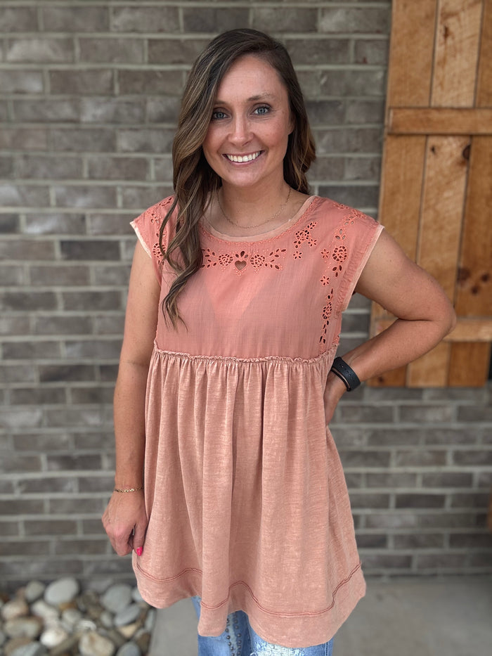 Coral Mineral Wash Embroidery Tunic Top by Oli & Hali