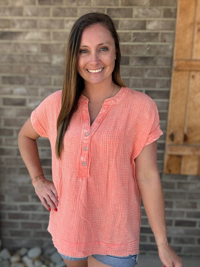Coral Washed Gauze 3/4 Henley Button Down Short Sleeve Top