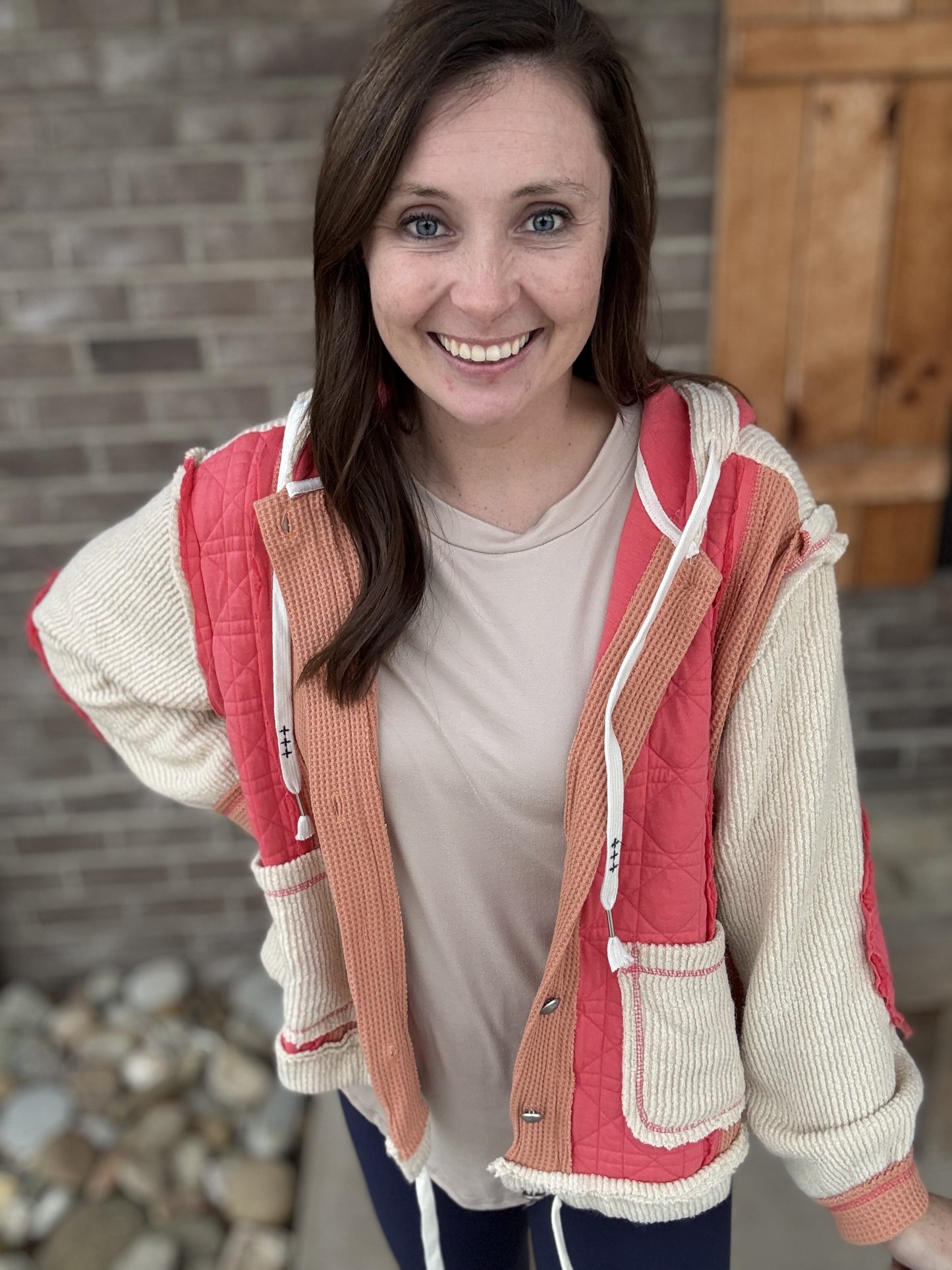 2613- Coral & Beige Waffle/Quilted Button Jacket w/ Hood By POL