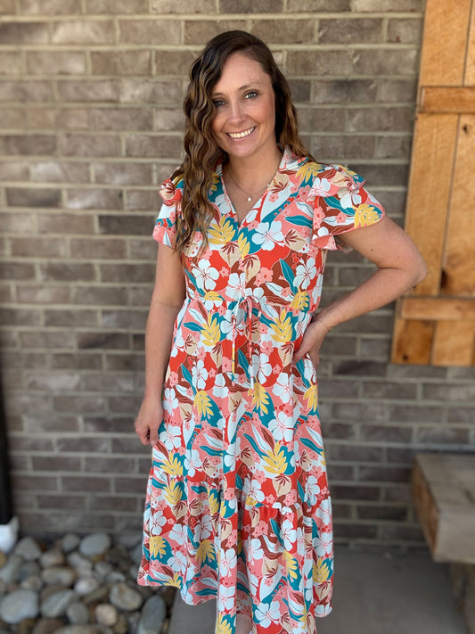 Coral & Peach Floral Dress w/ Double Ruffle Short Sleeve