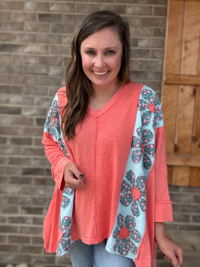 Coral Sunset Bloom Patchwork Top by Bluevelvet
