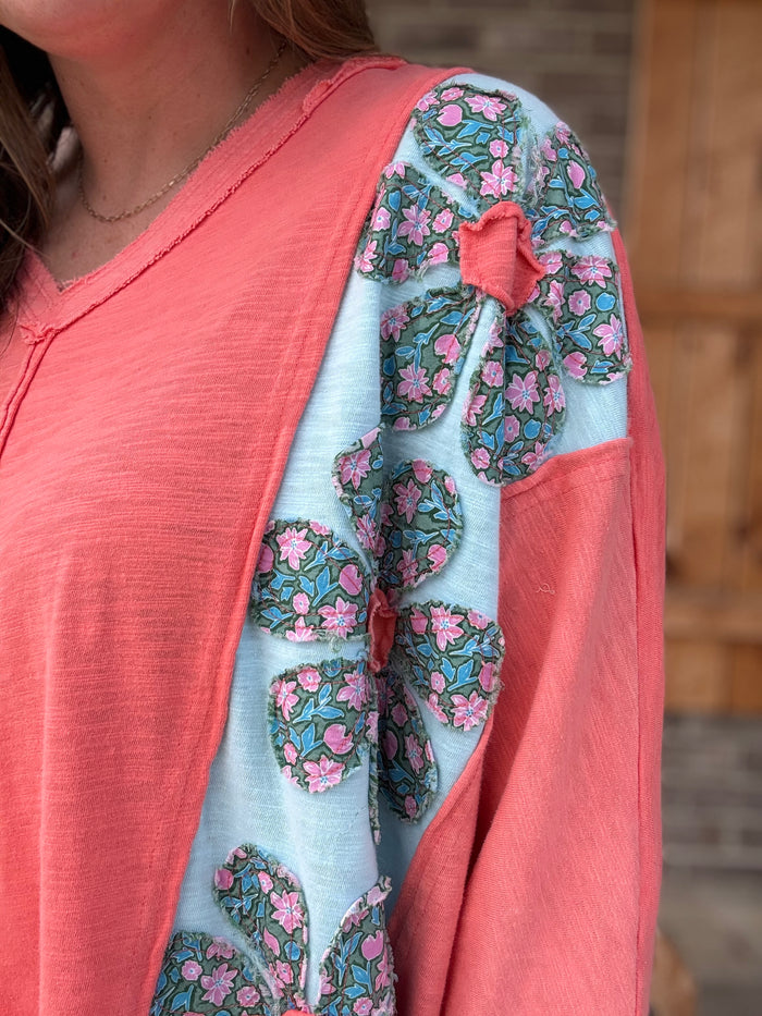 Coral Sunset Bloom Patchwork Top by Bluevelvet