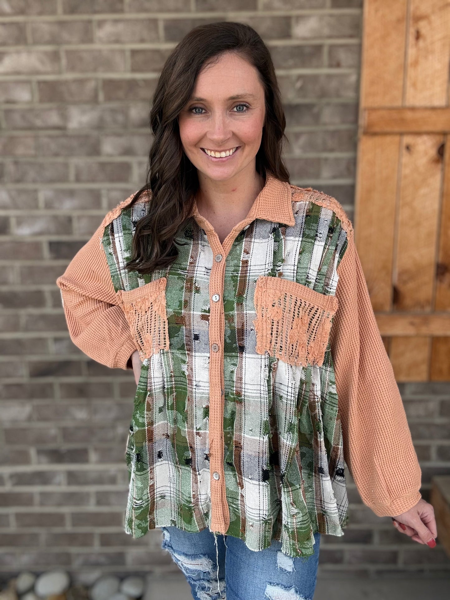 3830- Coral and Green Mix Button Down Long Balloon Sleeve Top