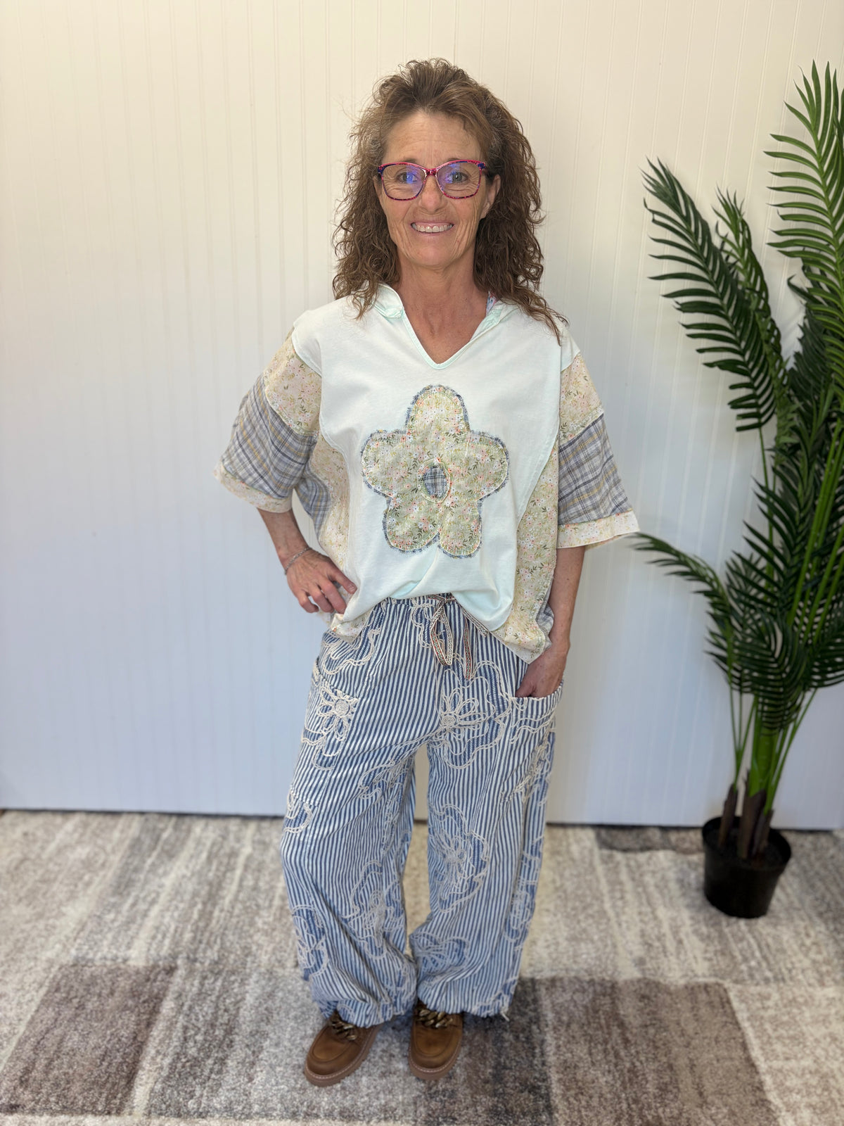 Cotton Blue Flower & Plaid Printed Hoodie Pullover by Easel